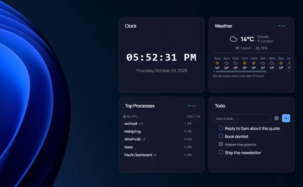 Paul's Dashboard widgets on a Windows 11 desktop: a clock, weather for London, top processes and a todo list in a frosted glass theme.
