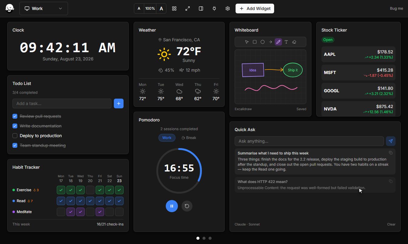 Paul's Dashboard on Windows with clock, calendar, todo list and quick notes widgets arranged on one screen - Crypto Tracker sits on the same canvas.