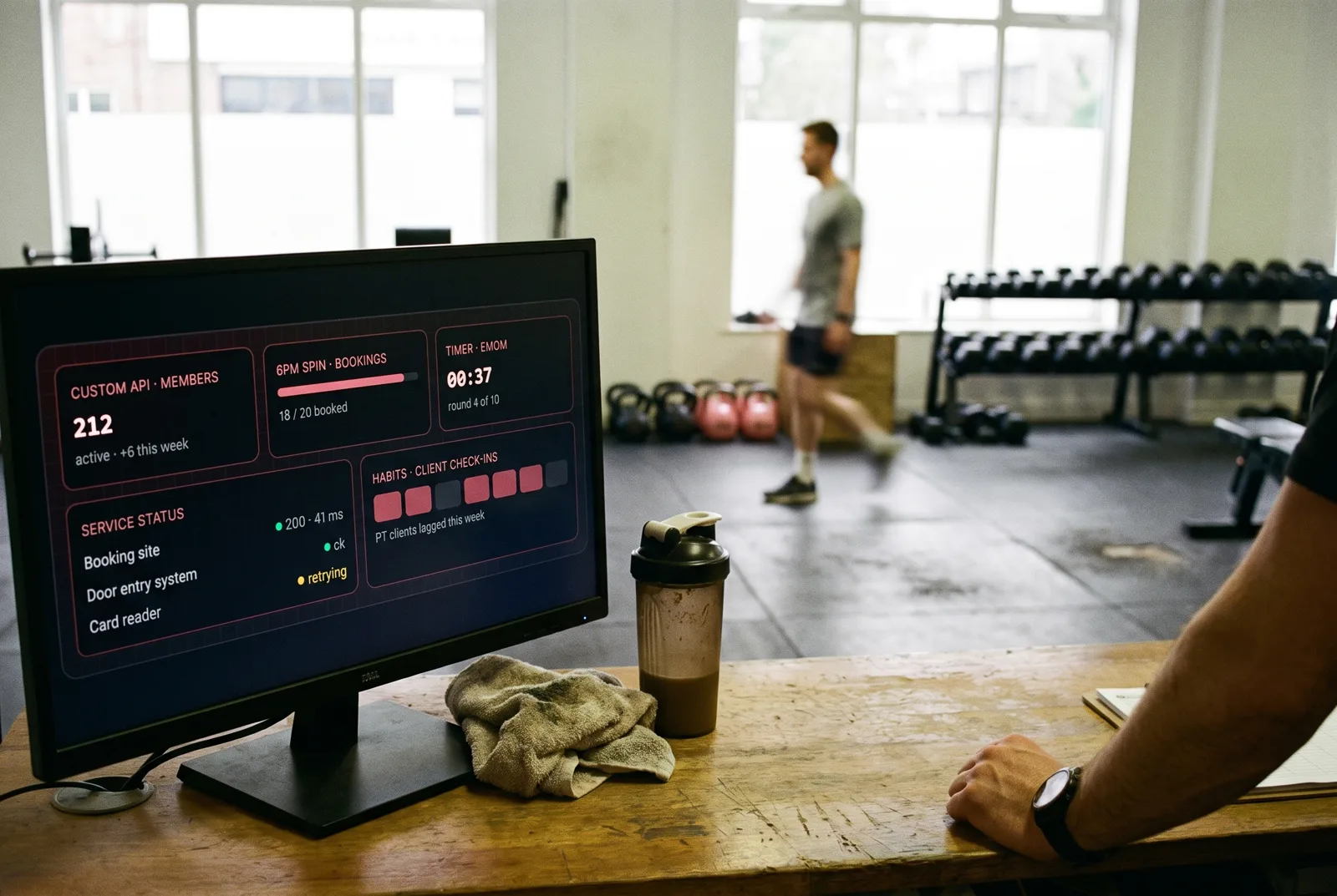 A gym front desk with a monitor showing member numbers, class bookings and an interval timer