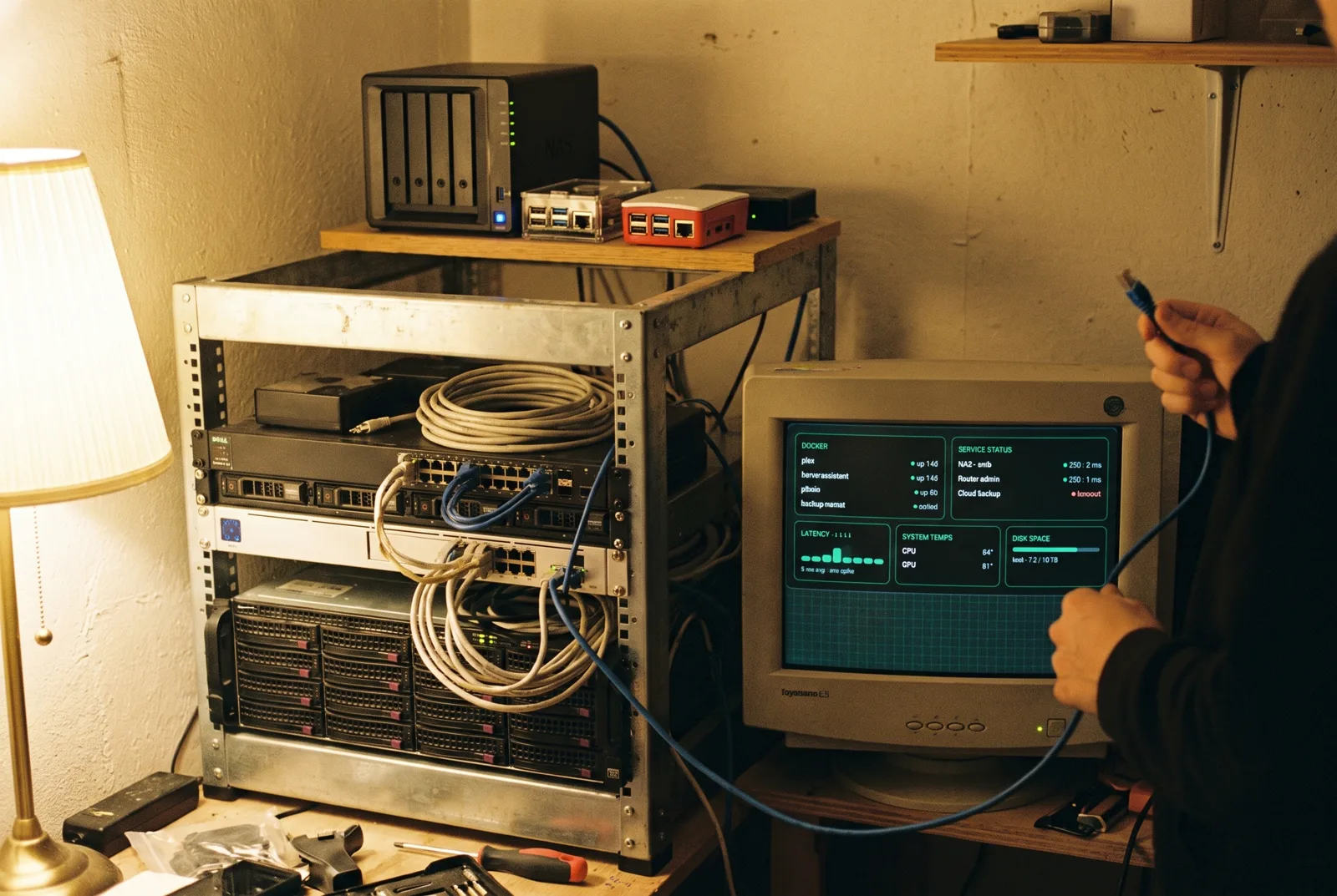 A basement homelab at night with a monitor showing container status, latency and temperatures beside the rack
