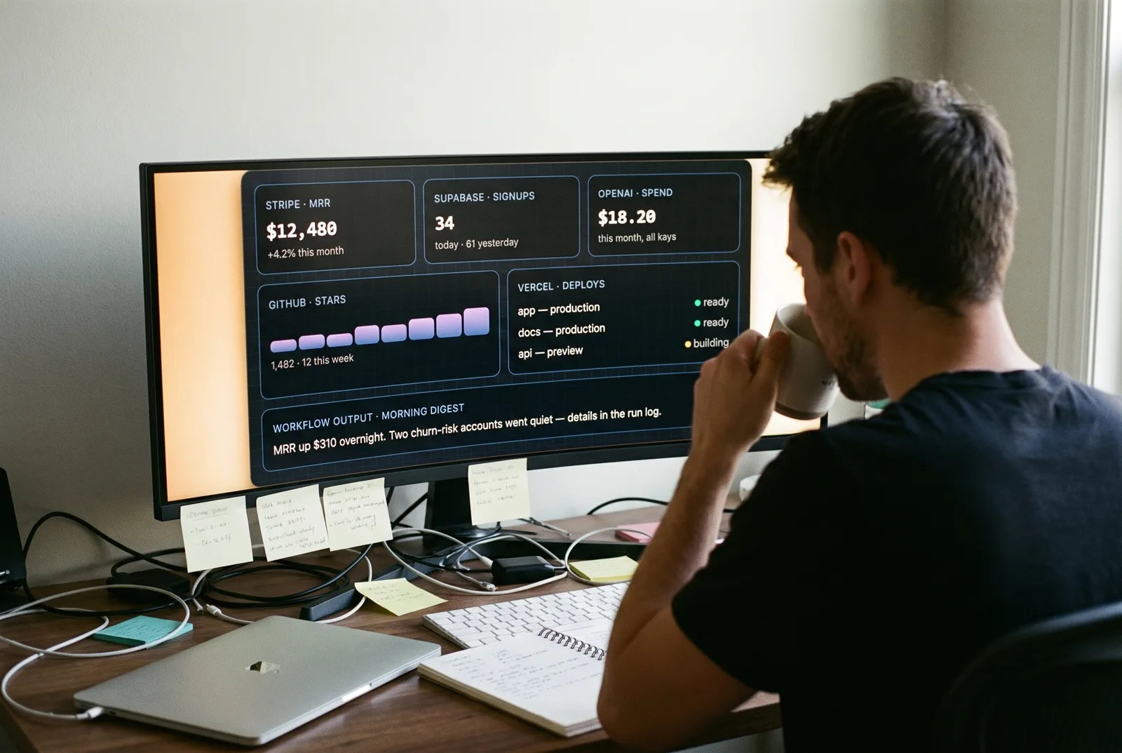 A founder with a morning coffee in front of an ultrawide monitor showing a dark metrics dashboard
