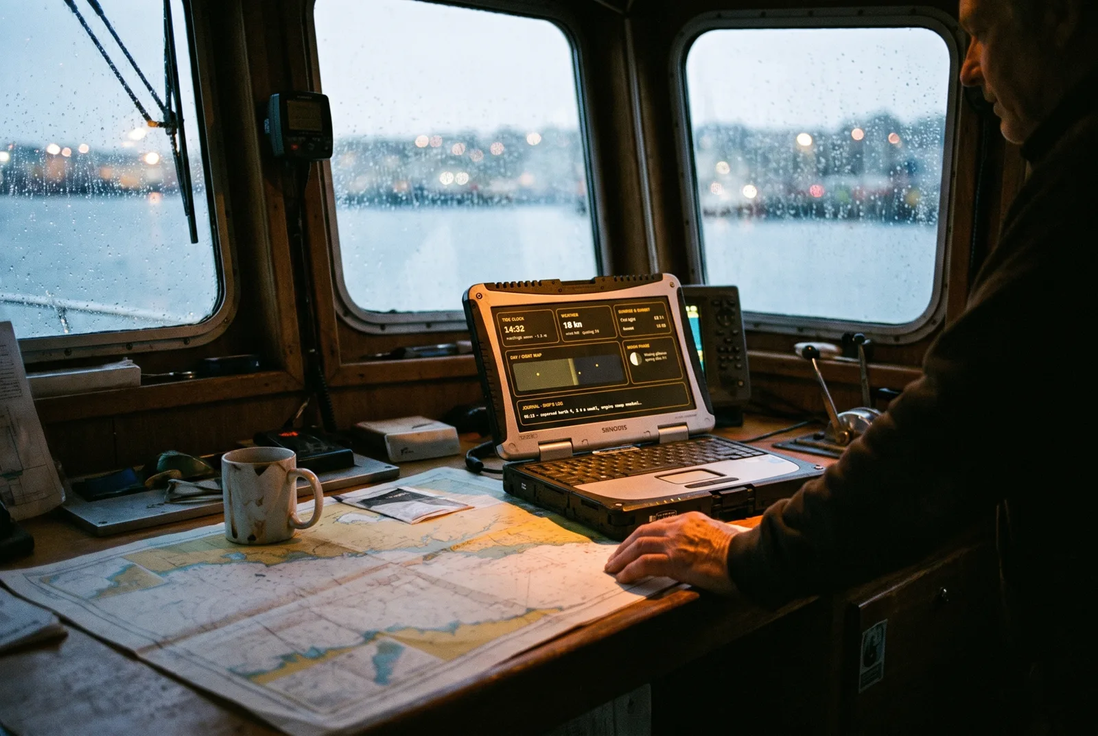 A ship's bridge at dusk with a rugged laptop on the chart table showing tide, wind and a day/night map