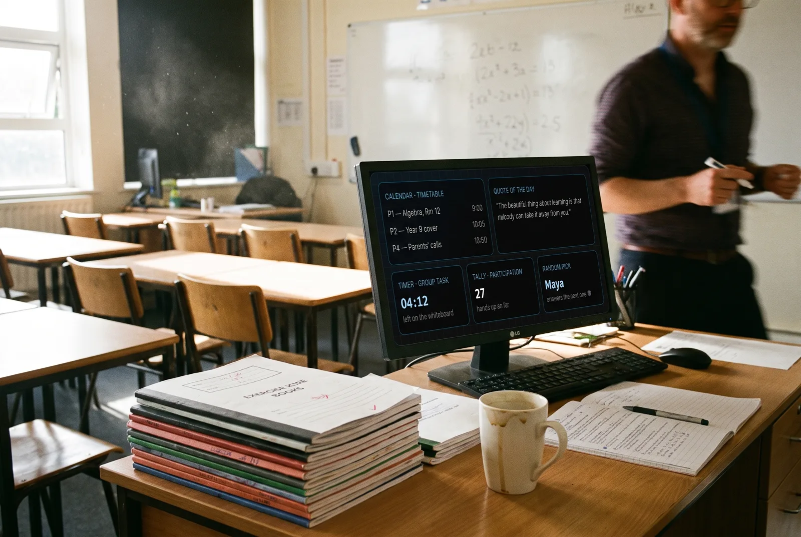 A classroom screen showing the day's timetable, a group-work timer and a participation tally