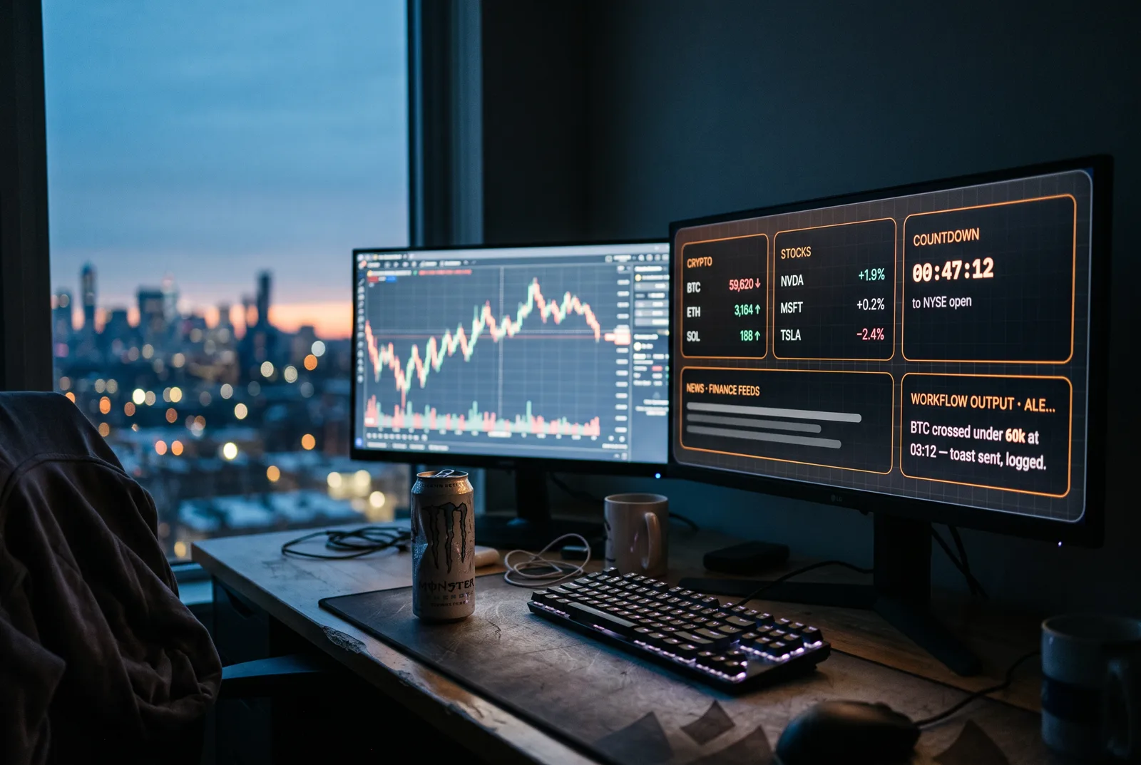 A trading desk before sunrise with a side monitor dedicated to crypto prices and a countdown to the NYSE open